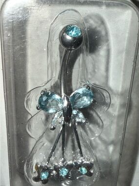 Cato Silver Belly Ring with Aqua Blue Butterfly and Gems